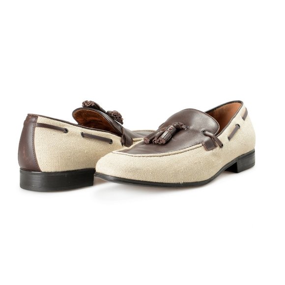 Salvatore Ferragamo Men\'s FAGGIO 4 Beige Canvas Leather Penny Loafers Shoes